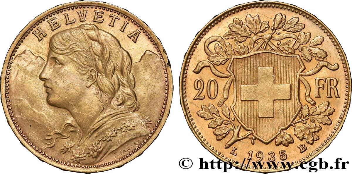 GOLD, PALLADIUM & PLATINUM INVESTMENT 20 Francs or  Vreneli   1935 Berne AU 