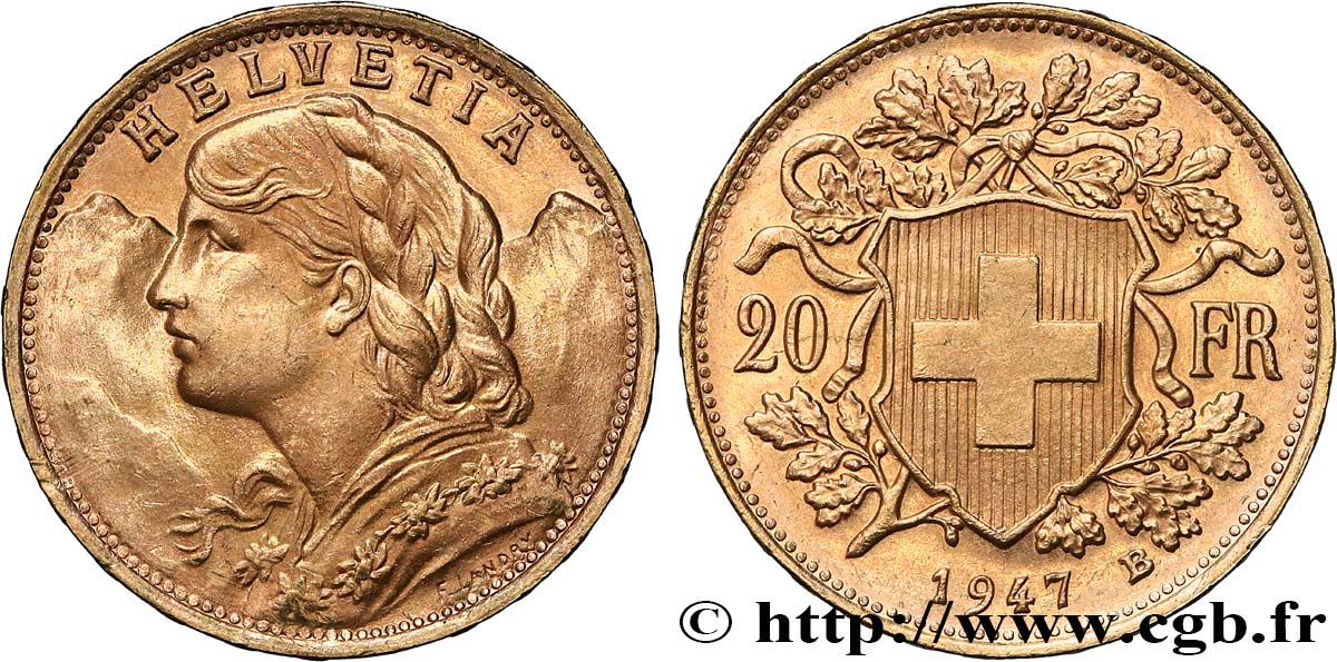 INVESTMENT GOLD 20 Francs or  Vreneli  1947 Berne EBC 