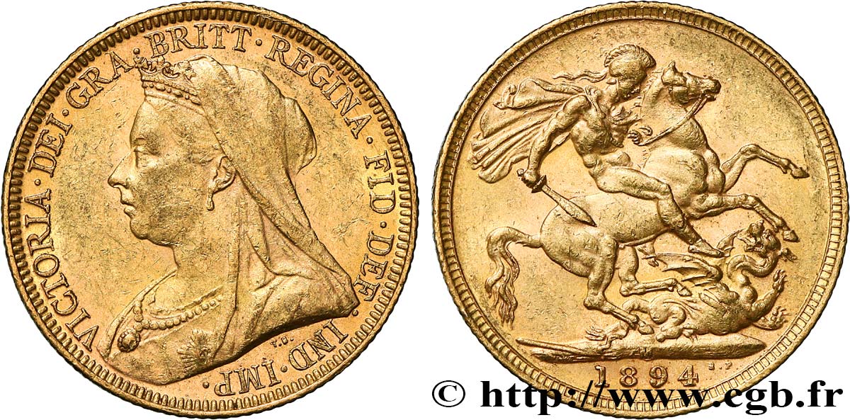 INVESTMENT GOLD 1 Souverain Victoria type vieille tête 1894 Londres MBC 