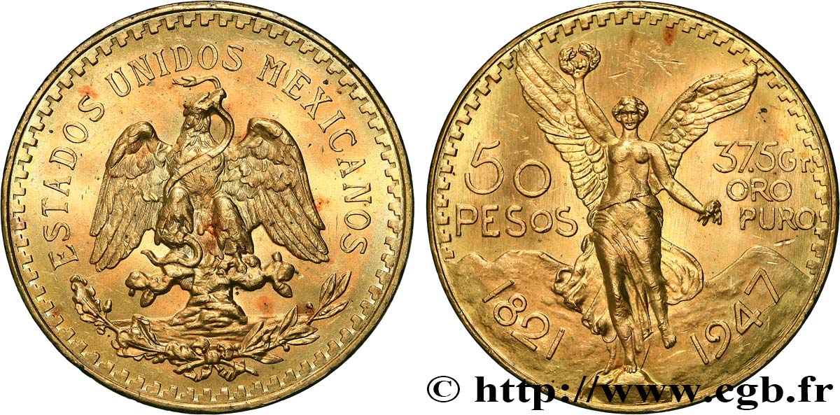 GOLD, PALLADIUM & PLATINUM INVESTMENT 50 Pesos or 1947 Mexico MS 