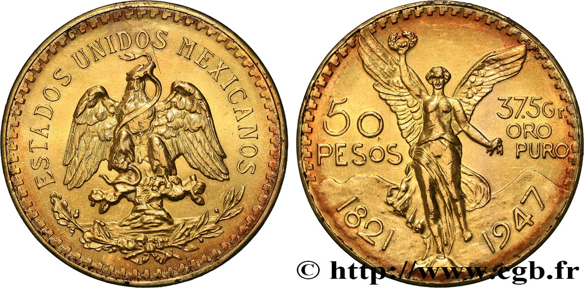 INVESTMENT GOLD 50 Pesos or 1947 Mexico EBC 