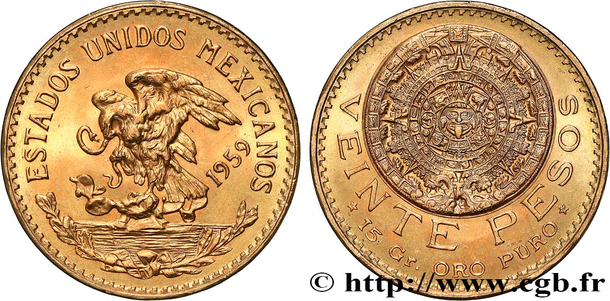 INVESTMENT GOLD 20 Pesos “Pierre du Soleil” (calendrier aztèque) 1959 Mexico fST 