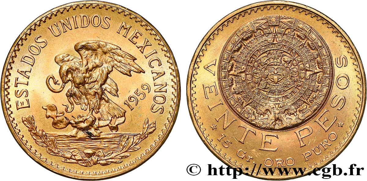 INVESTMENT GOLD 20 Pesos “Pierre du Soleil” (calendrier aztèque) 1959 Mexico SC 