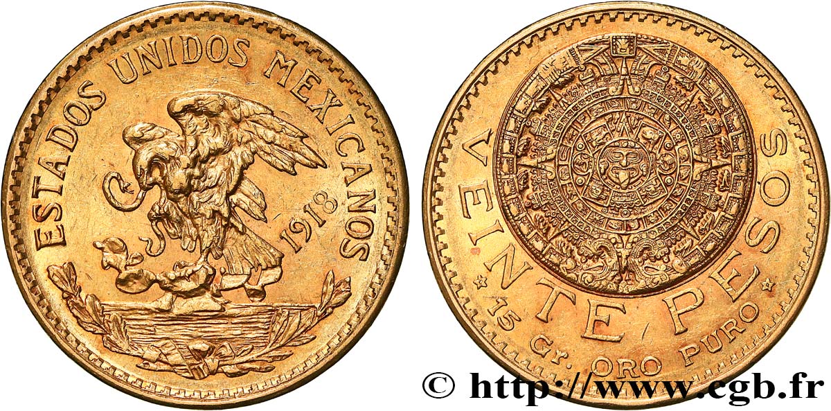 INVESTMENT GOLD 20 Pesos “Pierre du Soleil” (calendrier aztèque) 1918 Mexico EBC/MBC+ 