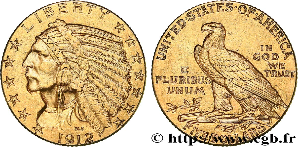 OR D INVESTISSEMENT 5 Dollars  Indian Head  1912 Philadelphie TTB 
