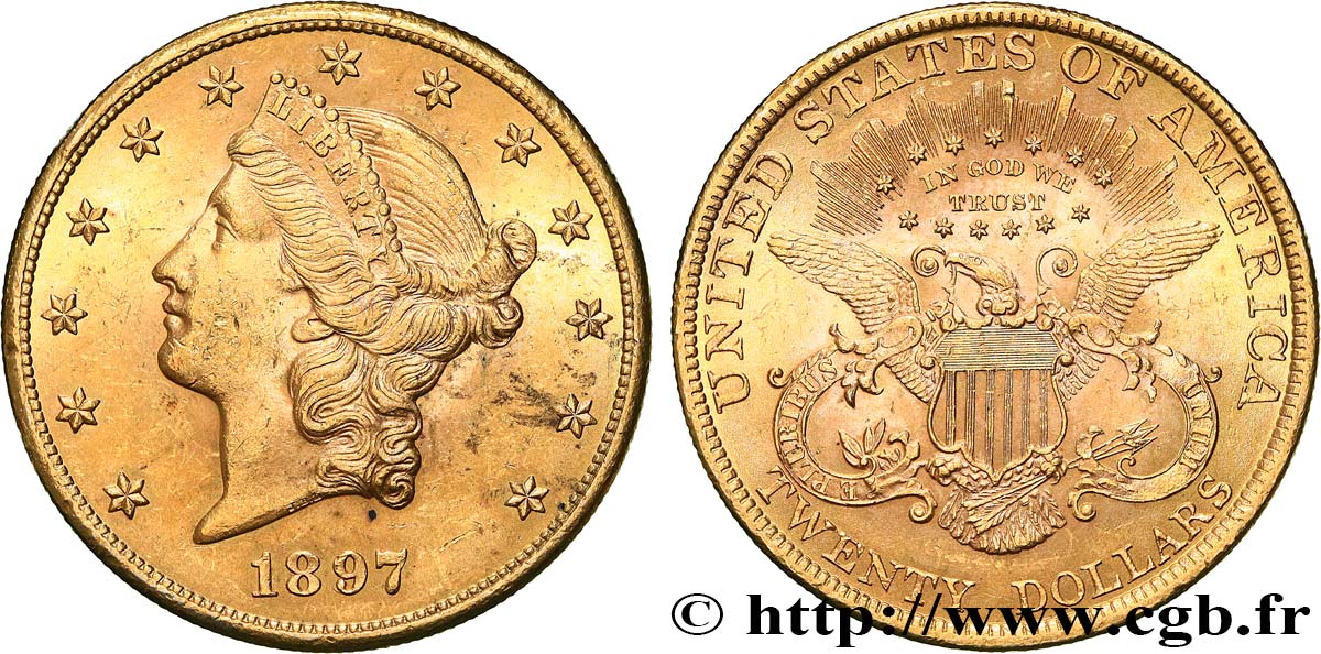 INVESTMENT GOLD 20 Dollars  Liberty  1897 Philadelphie SPL/MS 