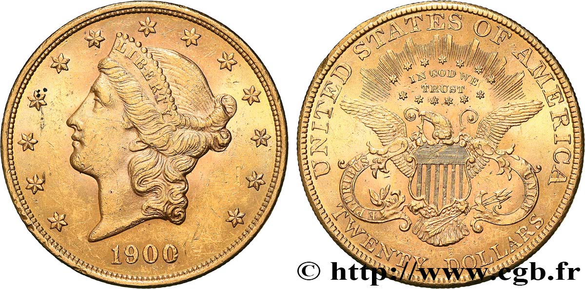 INVESTMENT GOLD 20 Dollars or  Liberty , avec In God we trust 1900 Philadelphie MBC+ 