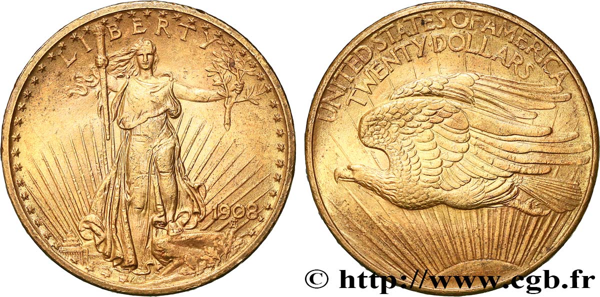 INVESTMENT GOLD 20 Dollars “Saint-Gaudens” 1908 Philadelphie fVZ/VZ 