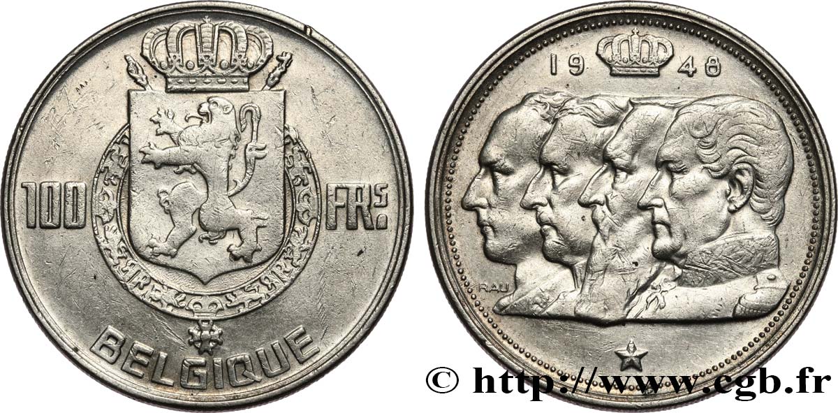 BÉLGICA 100 Francs bustes des quatre rois de Belgique, légende française 1948  MBC+ 
