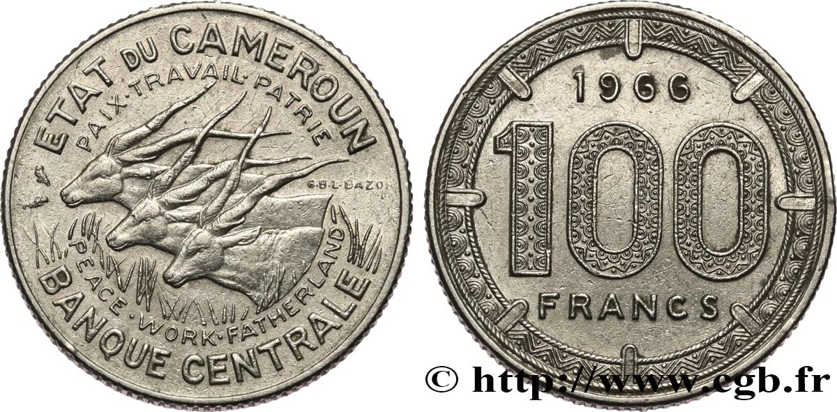 CAMEROON 100 Francs Etat du Cameroun, commémoration de l’indépendance, antilopes 1966 Paris AU 