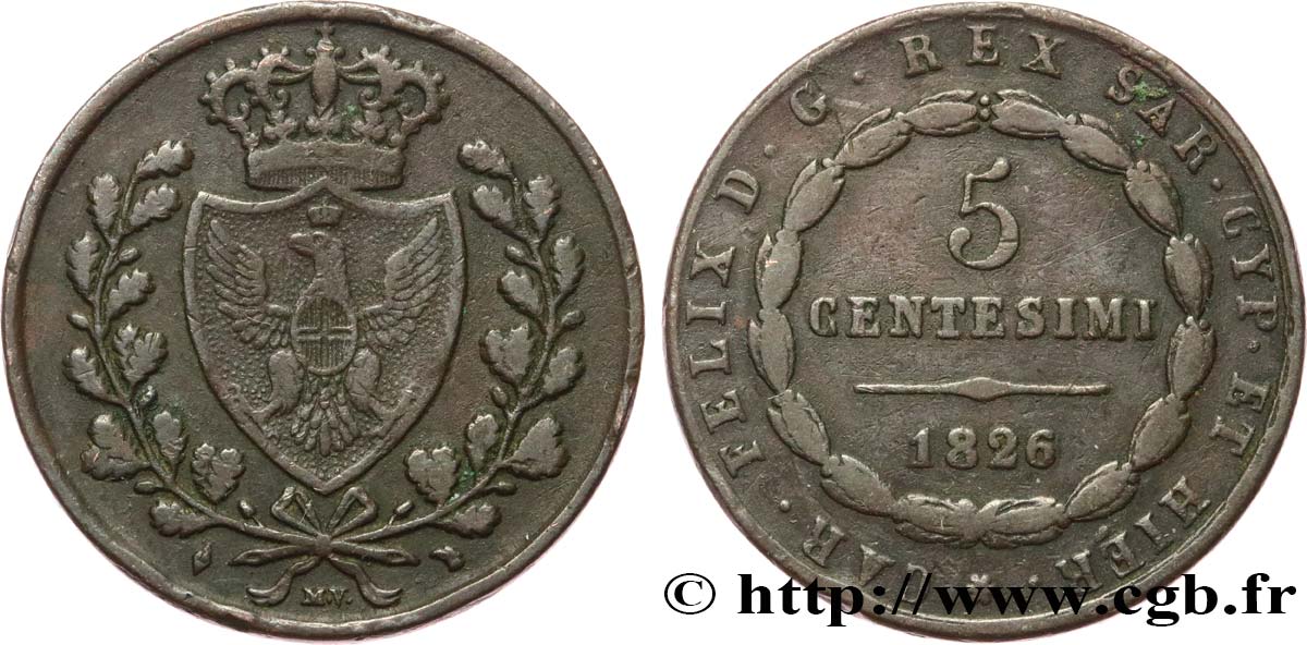 ITALY - KINGDOM OF SARDINIA 5 Centesimi type au “L” 1826 Turin VF 