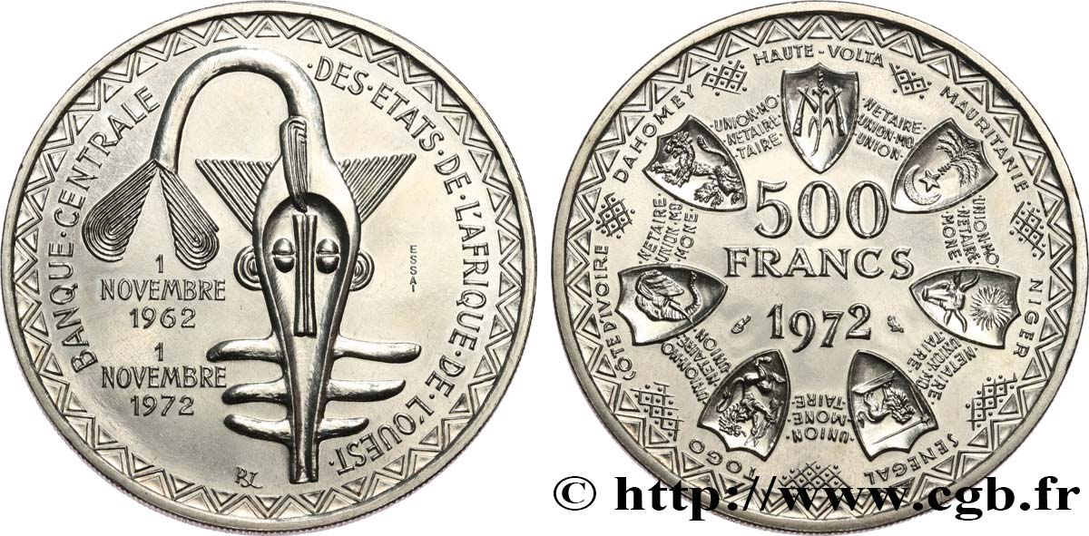 STATI DI L  AFRICA DE L  OVEST Essai de 500 Francs masque 1972 Paris MS 