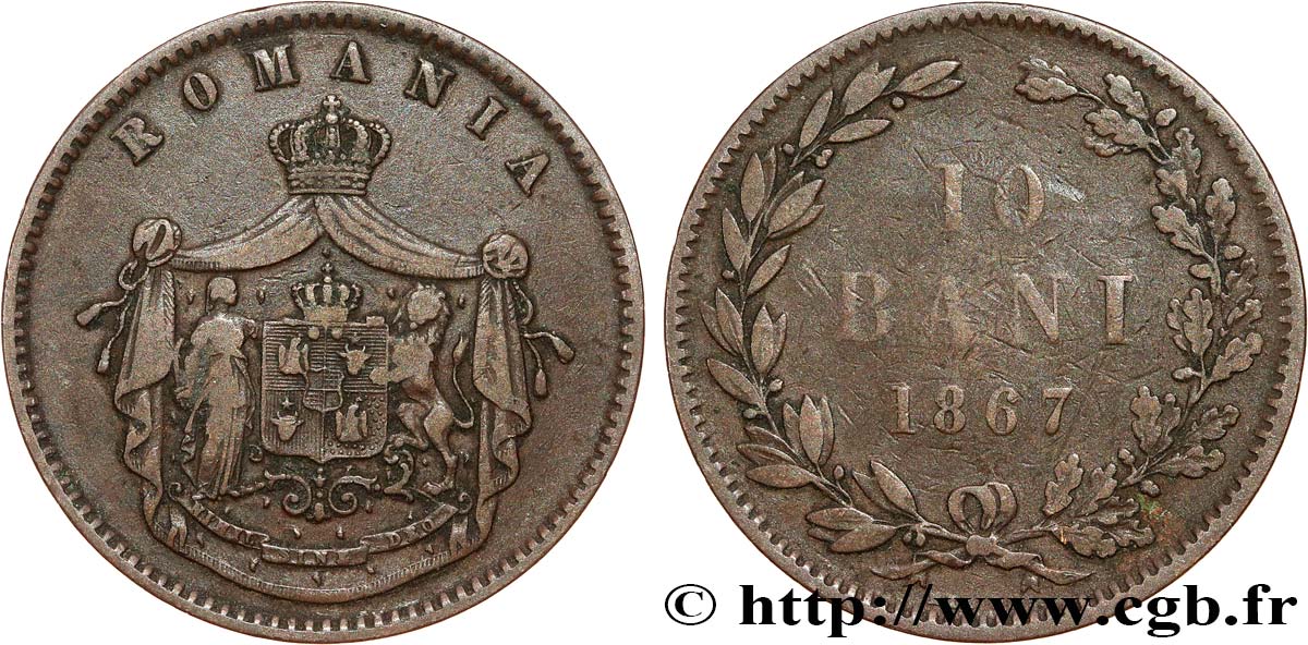 ROMANIA 10 Bani armes 1867 Watt & Co VF 