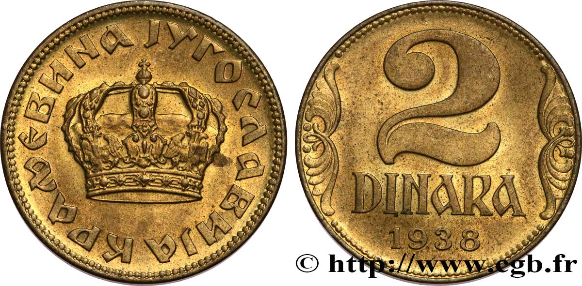 JUGOSLAWIEN 2 Dinara couronne 1938  VZ 