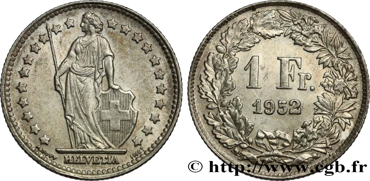 SWITZERLAND 1 Franc Helvetia 1952 Berne - B AU 