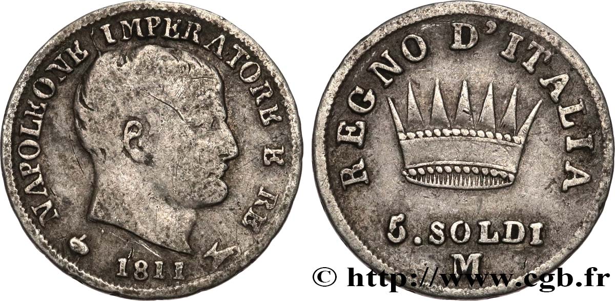 ITALY - KINGDOM OF ITALY - NAPOLEON I 5 Soldi Napoléon Empereur et Roi d’Italie 1811 Milan - M VF 