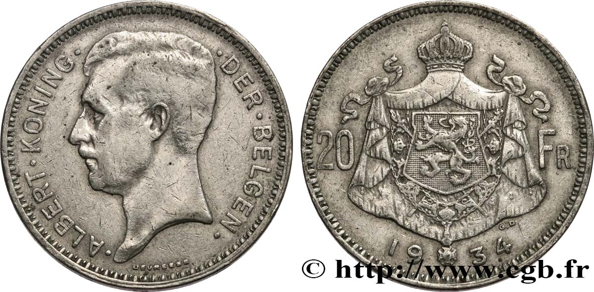 BELGIQUE 20 Franken (Francs) Albert Ier légende Flamande 1934  TB+ 