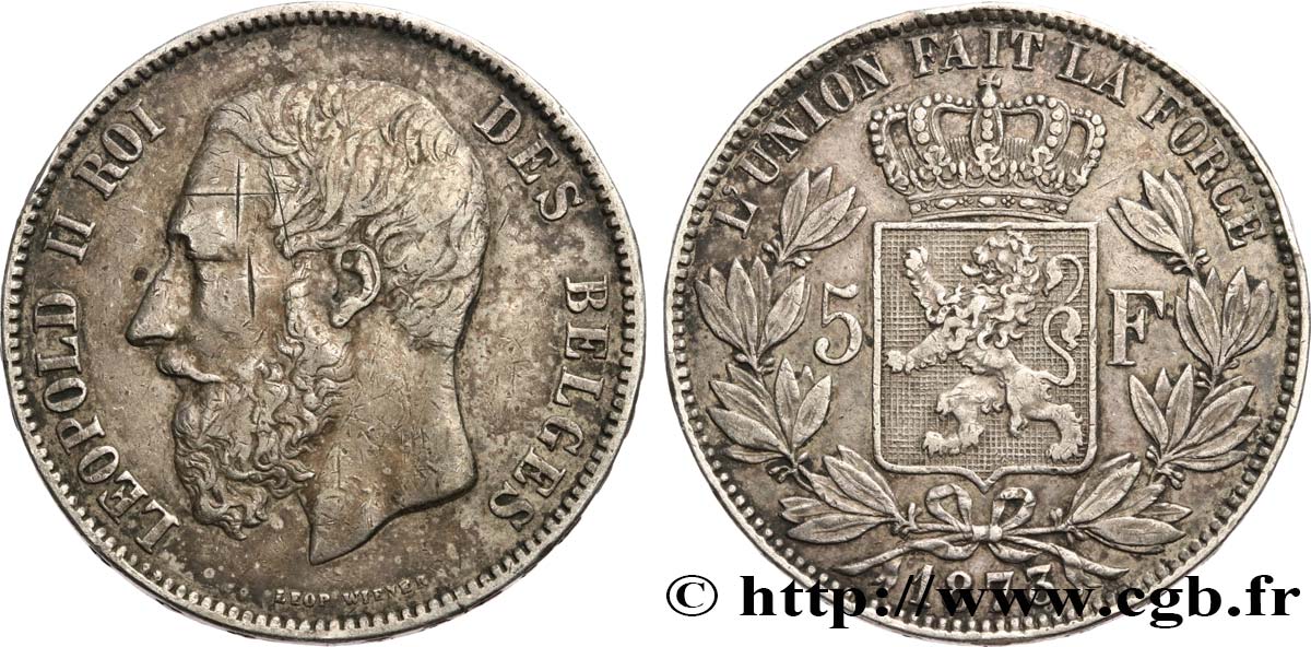 BELGIUM 5 Francs Léopold II 1873  XF 