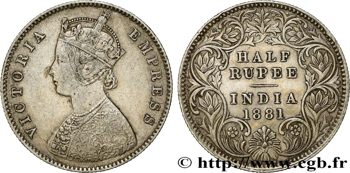 BRITISH INDIA 1/2 Roupie Victoria 1881 Calcutta XF 