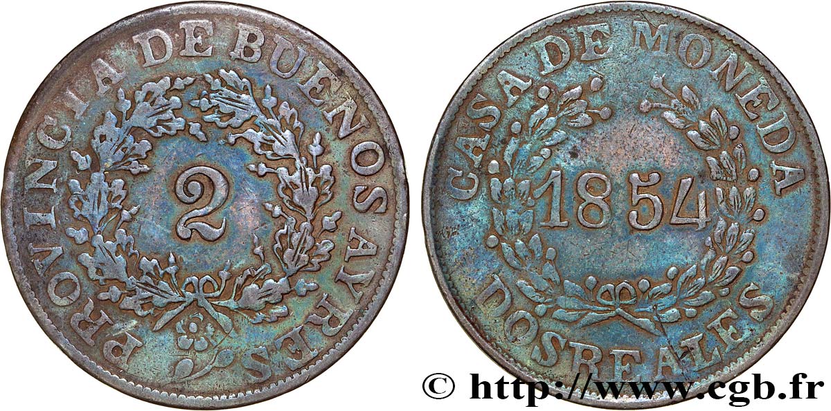 ARGENTINA 2 Reales Buenos Aires 1854  BC+ 