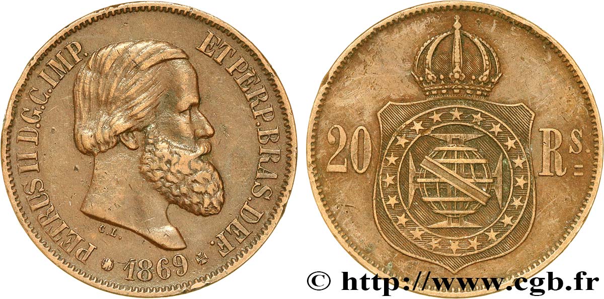 BRÉSIL 20 Réis Pierre II 1869  TTB+ 