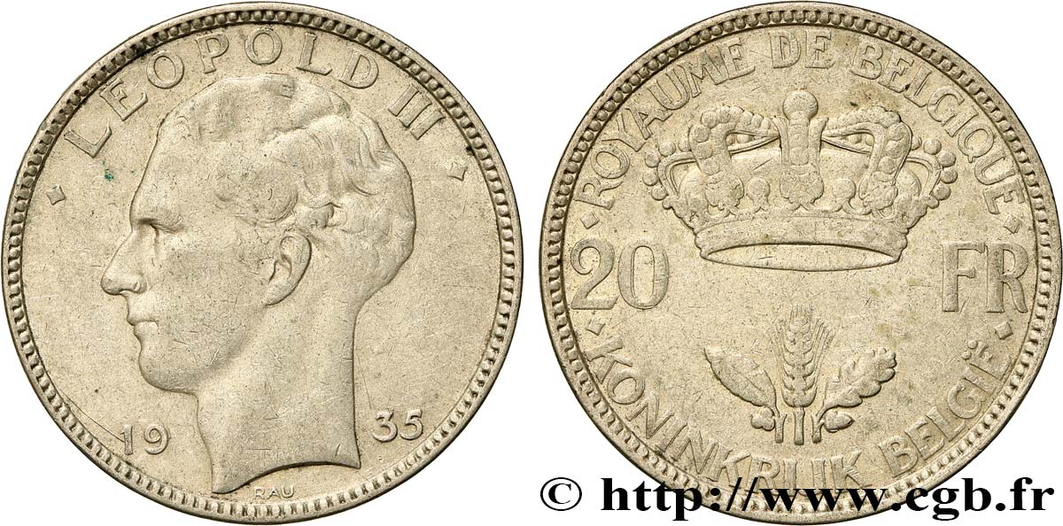 BELGIQUE 20 Francs Léopold III 1935  TB+ 