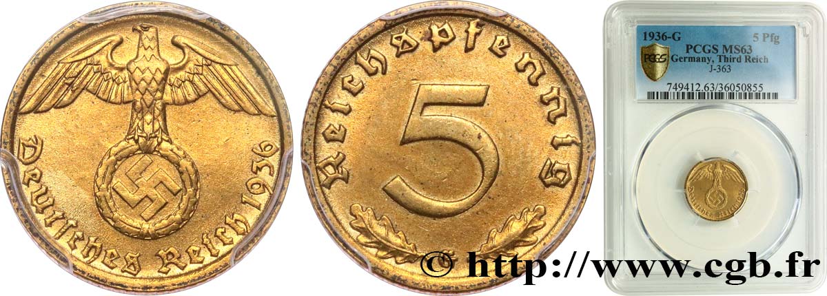DEUTSCHLAND 5 Reichspfennig 1936 Karlsruhe fST63 PCGS