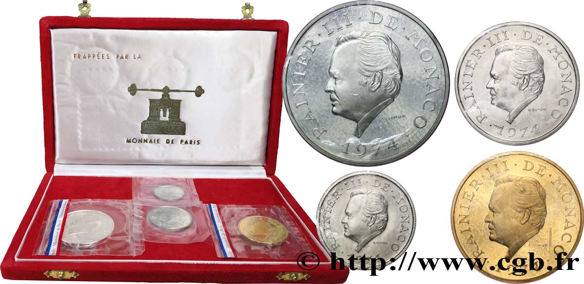 MONACO - PRINCIPAUTÉ DE MONACO - RAINIER III Coffret de 4 pièces commémorant le 25e anniversaire de règne de Rainier III 1974 Paris FDC 