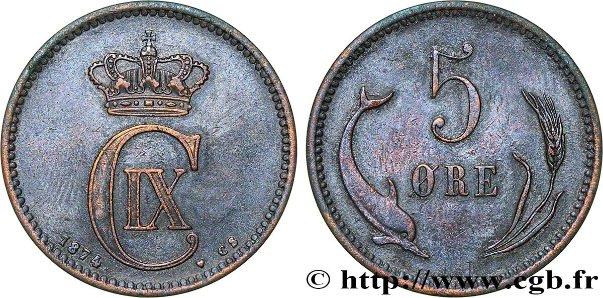 DINAMARCA 5 Ore Christian IX 1874 Copenhague q.SPL 
