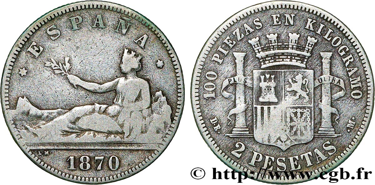 SPAGNA 2 Pesetas “ESPAÑA” 1870 Madrid q.BB 