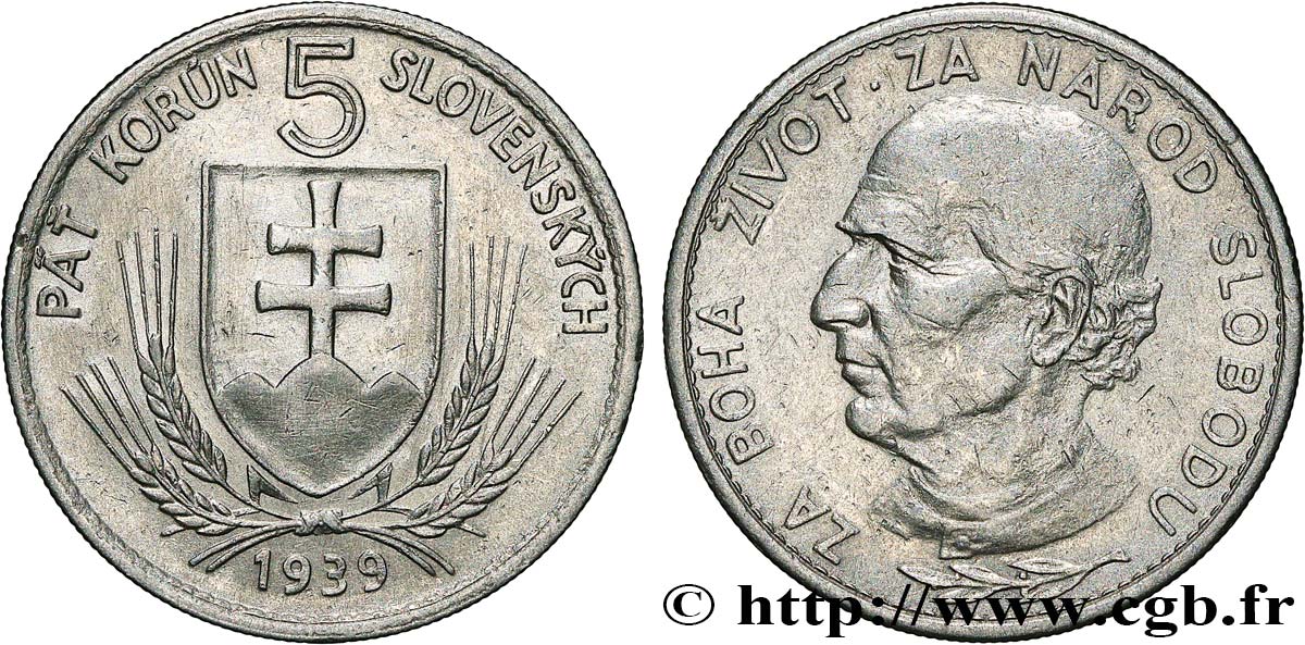 SLOVACCHIA 5 Korun emblème de la Slovaquie / le prêtre Andrej Hlinka chef du Parti slovaque du peuple  1939  q.SPL 
