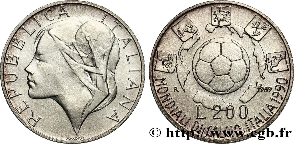 ITALY 200 Lire Coupe du Monde de Football 1990 - 1ère émission 1989 Rome MS 