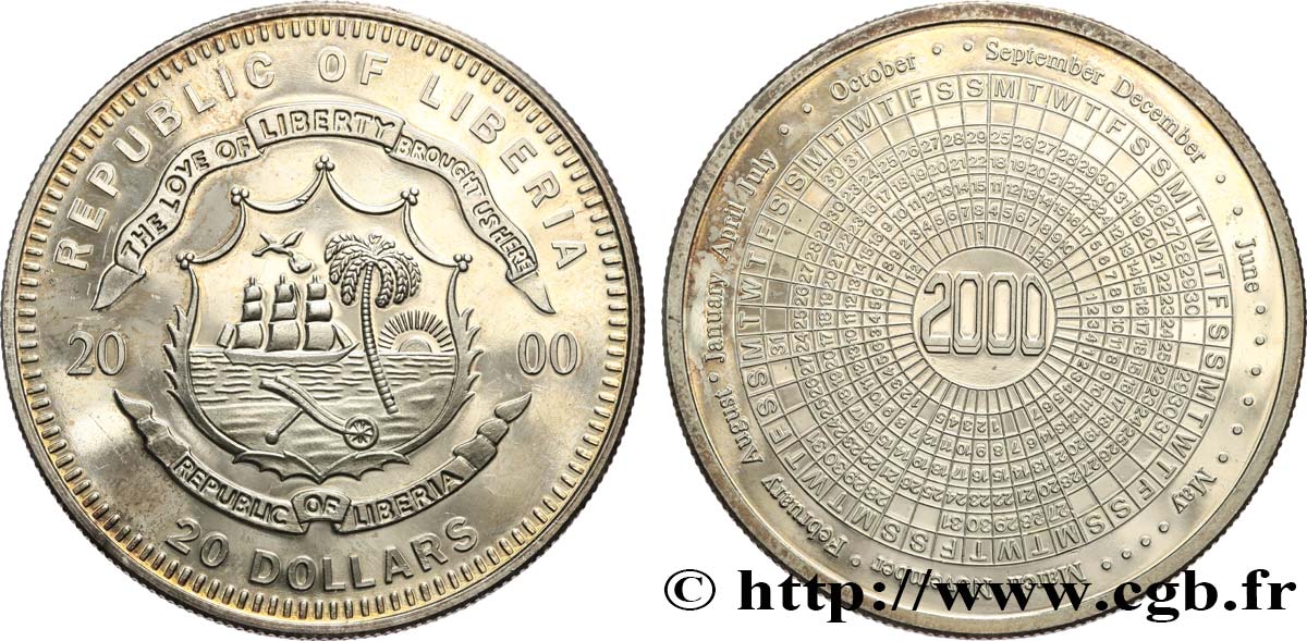 LIBERIA 20 Dollars Proof Calendrier 2000 2000  MS 
