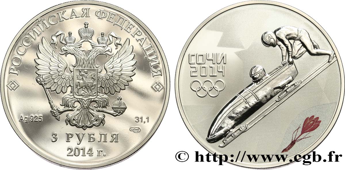 RUSSIA 3 Roubles Proof JeuxOlympiques d’hiver de Sotchy -  bobsleigh 2014 Saint-Petersbourg MS 