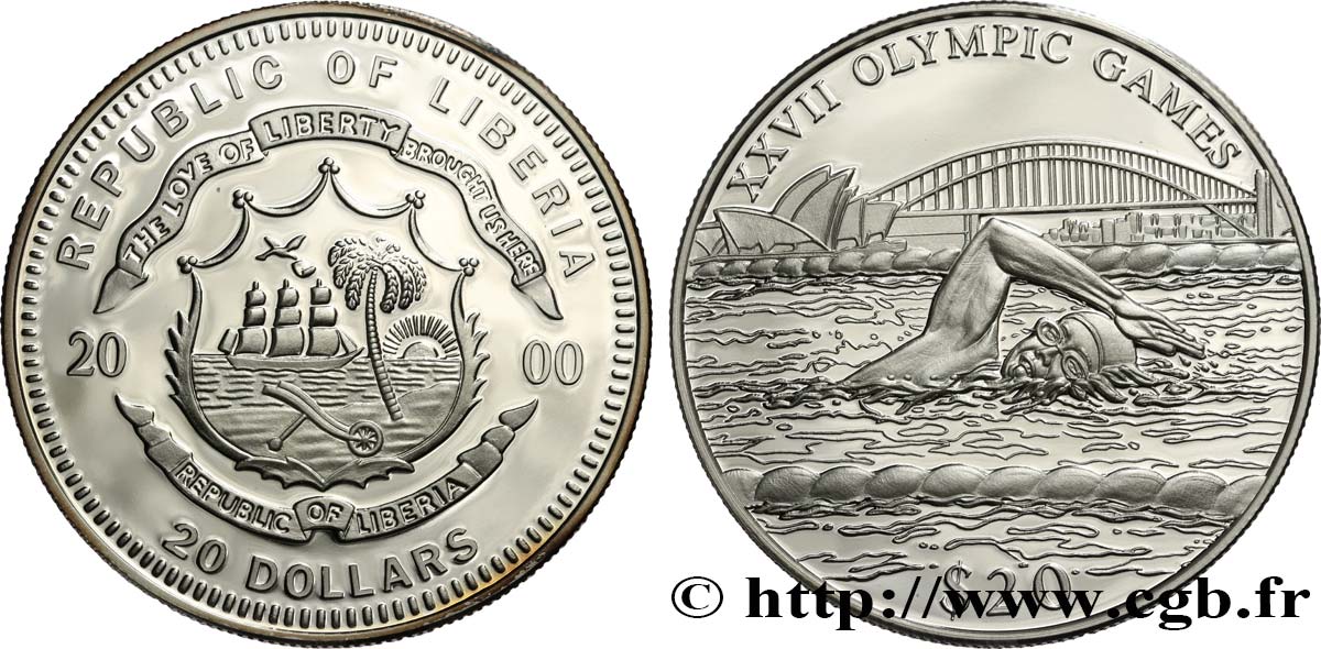 LIBERIA 20 Dollars Proof XXVIIe Jeux Olympiques, natation 2000  MS 