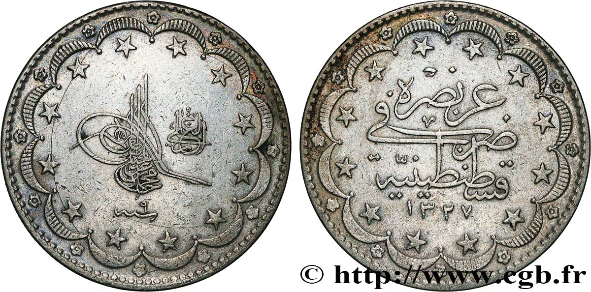 TURKEY 20 Kurush au nom de Mehmed V Resad AH1327 an 9 1917 Constantinople XF 