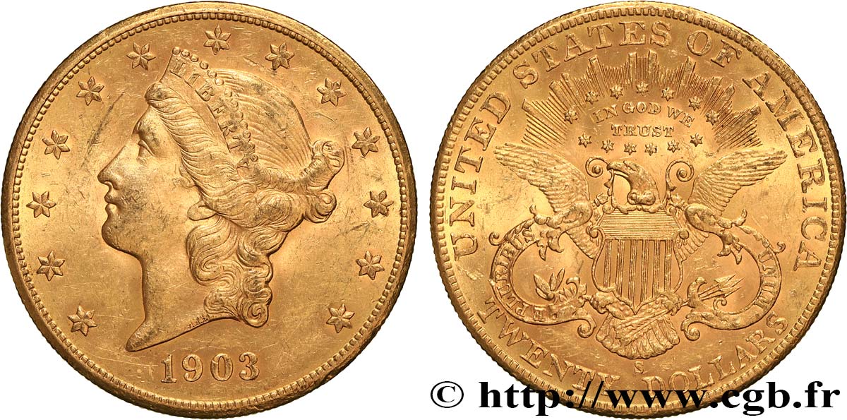OR, PALLADIUM ET PLATINE INVESTISSEMENT 20 Dollars  Liberty  1903 San Francisco TTB+/SUP+ 