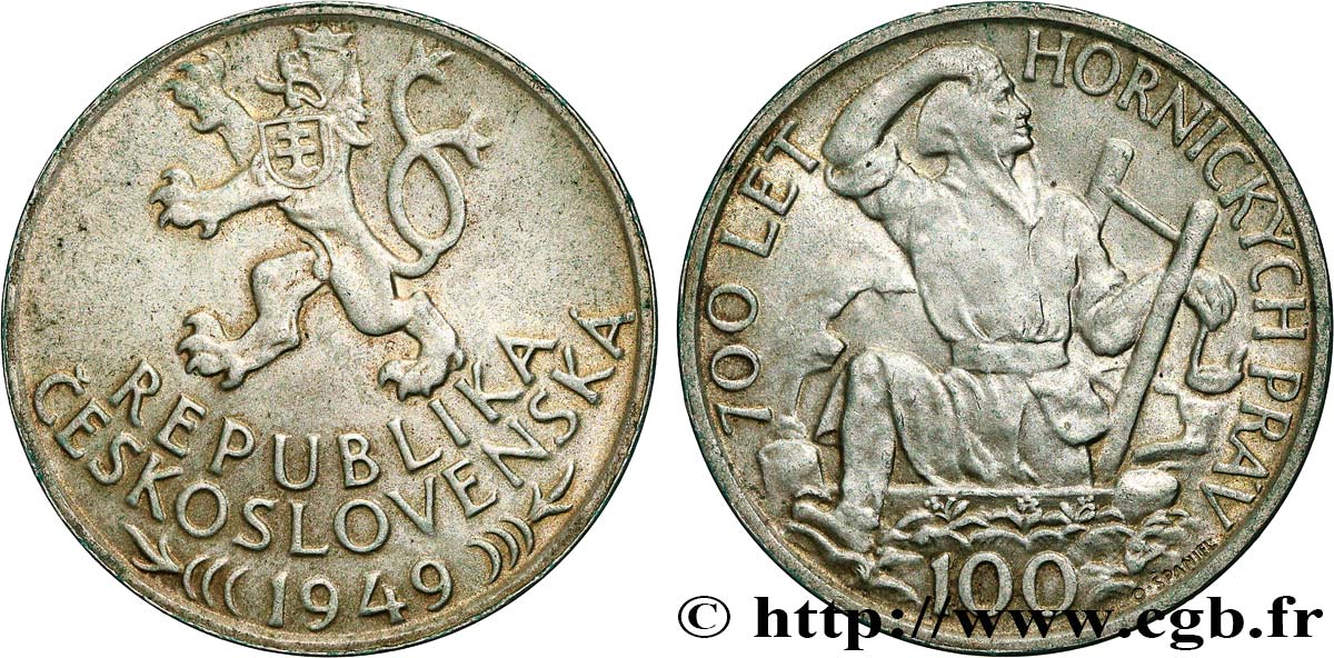 CECOSLOVACCHIA 100 Korun 700e anniversaire des privilèges miniers de Jihlava 1949  SPL 