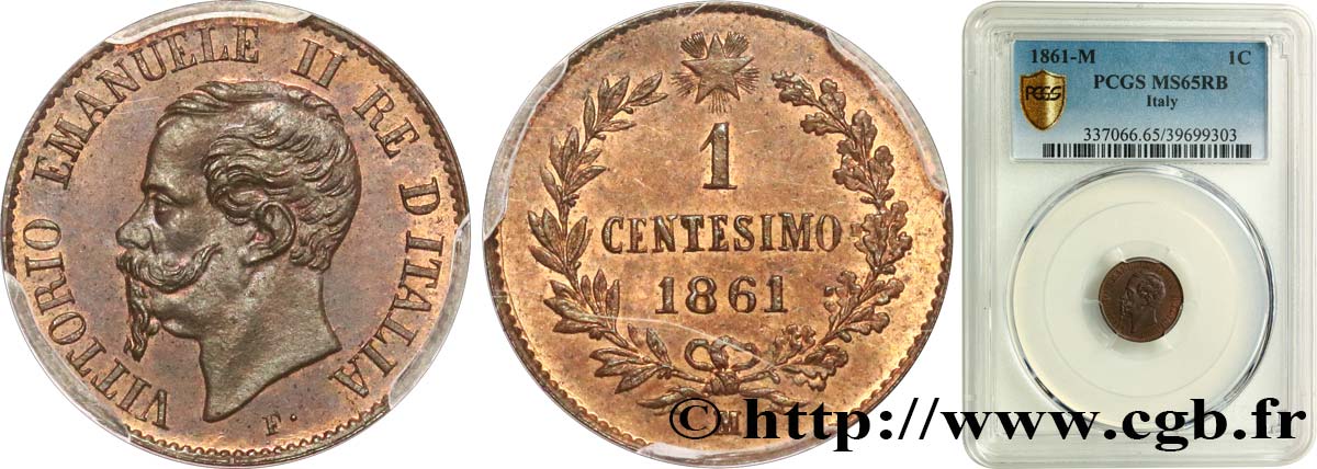 ITALY - KINGDOM OF ITALY - VICTOR-EMMANUEL II 1 Centesimo Victor Emmanuel II 1861 Milan MS65 PCGS