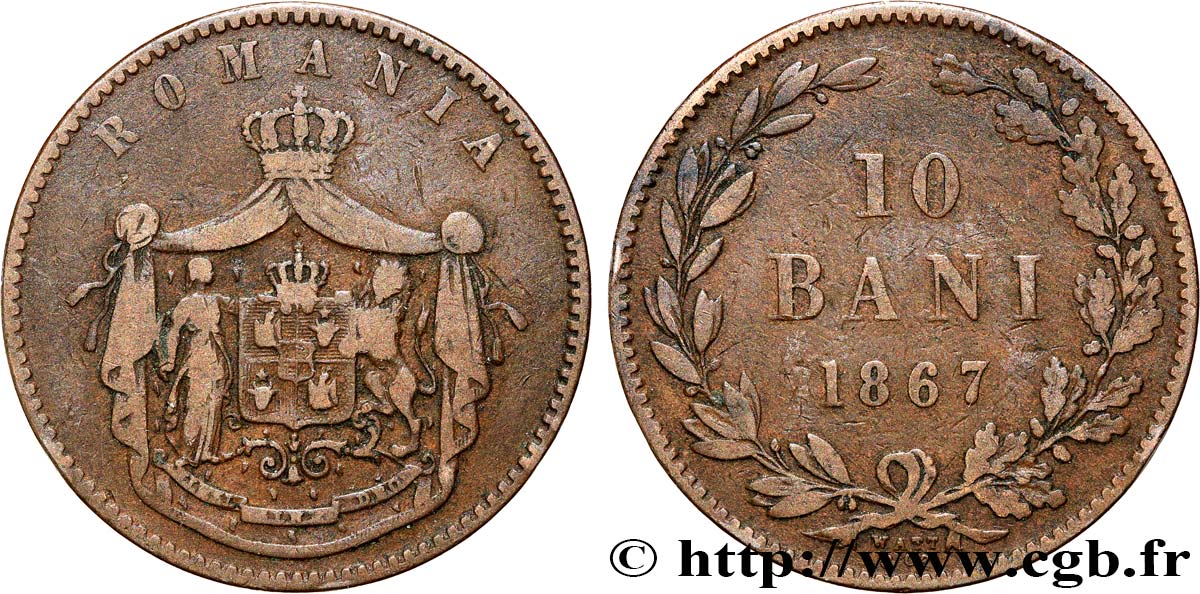 ROMANIA 10 Bani armes 1867 Watt & Co VF 