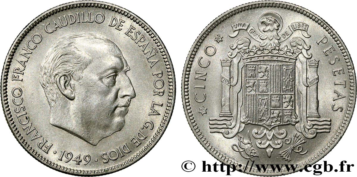 SPAIN 5 Pesetas Franco (1950) 1949  AU 