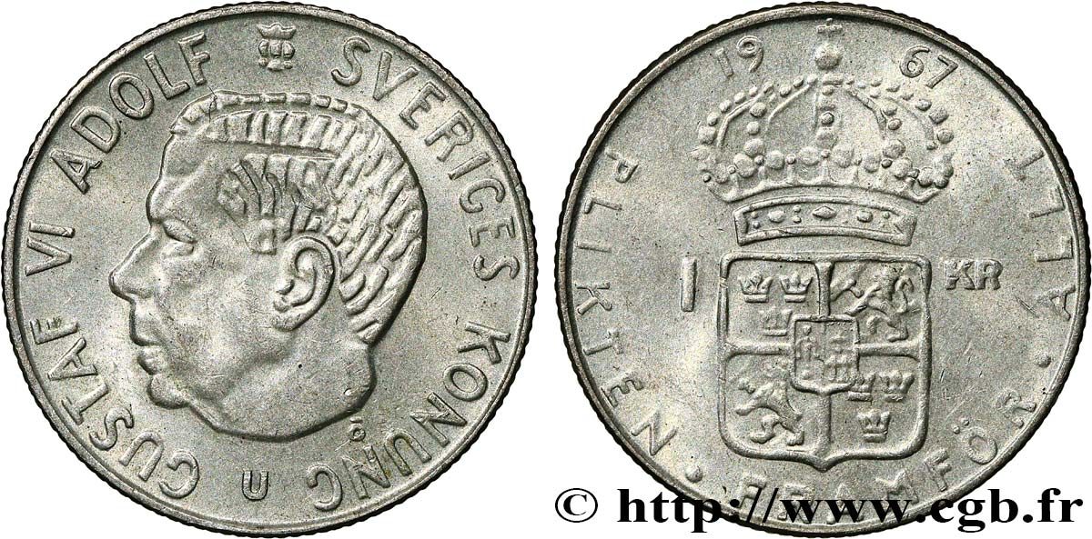 SWEDEN 1 Krona Gustave VI 1967  AU 
