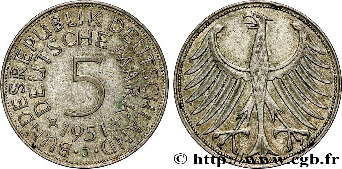 GERMANY 5 Mark aigle 1951 Hambourg XF 