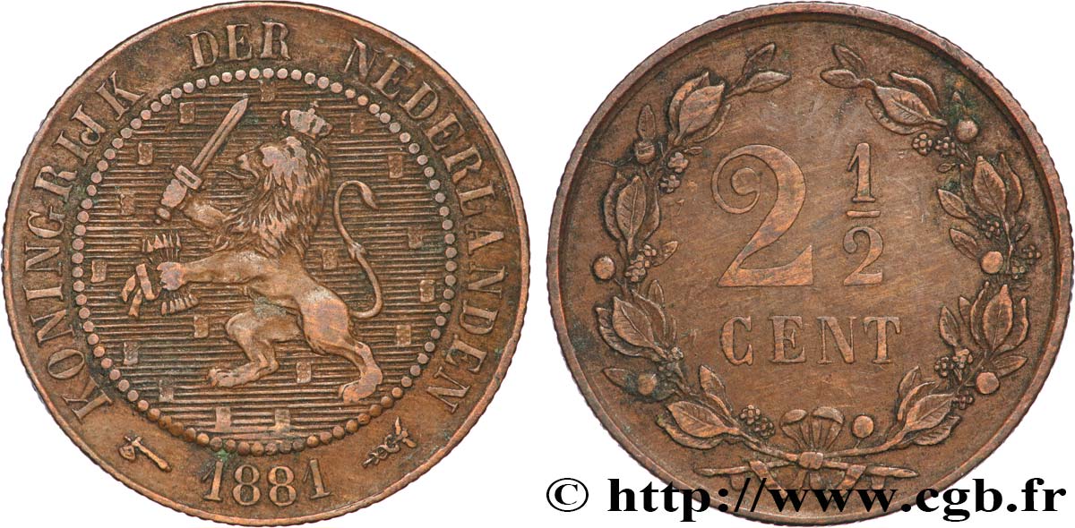 NETHERLANDS 2 1/2 Cents lion couronné 1881 Utrecht VF 