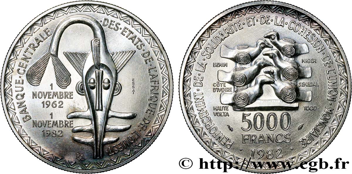 ÉTATS DE L&nbsp;AFRIQUE DE L&nbsp;OUEST (BCEAO) Essai 5000 Francs BCEAO 1982 Paris SPL 