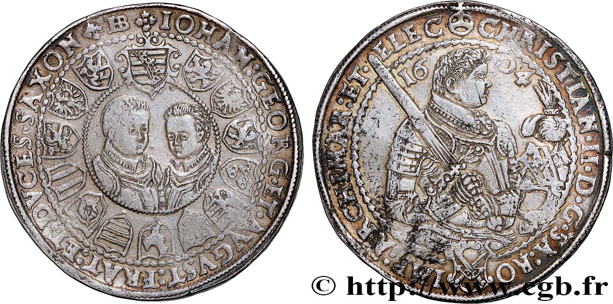 GERMANY - DUCHY OF SAXONY - ALBERTINE LINE - CHRISTIAN II, JOHN-GEORGE AND AUGUSTUS Thaler 1604 Leipzig XF 
