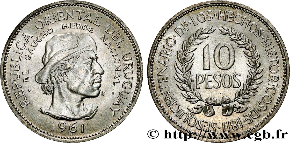 URUGUAY 10 Pesos Gaucho 1961  MS 