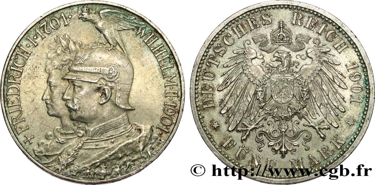 DEUTSCHLAND - PREUßEN 5 Mark Guillaume II 200e anniversaire de la Prusse 1901 Berlin VZ 