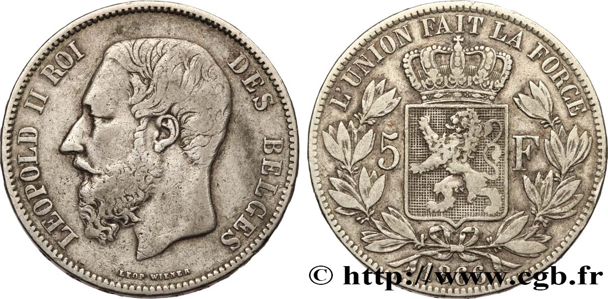 BELGIUM - KINGDOM OF BELGIUM - LEOPOLD II 5 Francs 1866  VF 