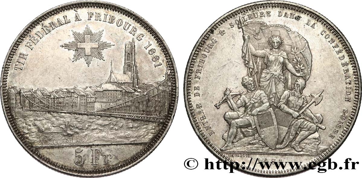 SUISSE 5 Francs, monnaie de Tir, Fribourg 1881  SUP 